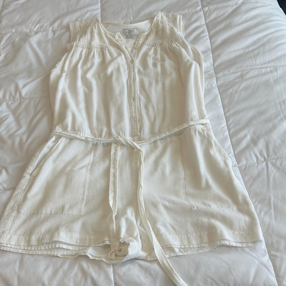 LOFT White Sleeveless Lace-Yoke Romper with Waist Tie
